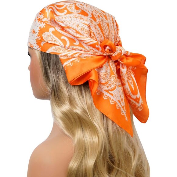 Women Orange Paisley Headscarf Satin Bandana Pattern Polyester Breathable Scarve - Picture 3 of 7